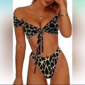 Chic Black and neon yellow animal print Bikini Set